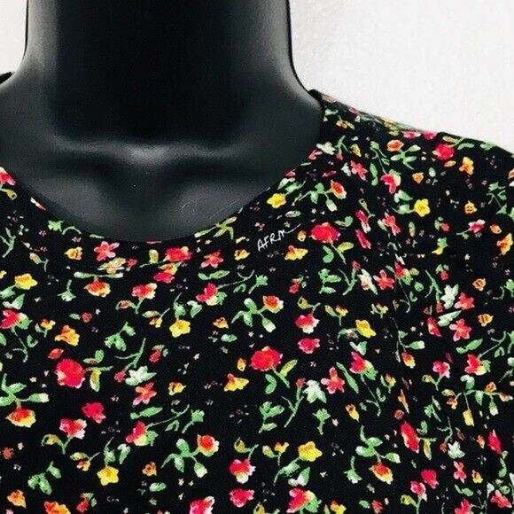 AFRM Top Garden Floral Blouse Puffed Drape Sleeve Black Viscose Zip, M - Picture 13 of 16